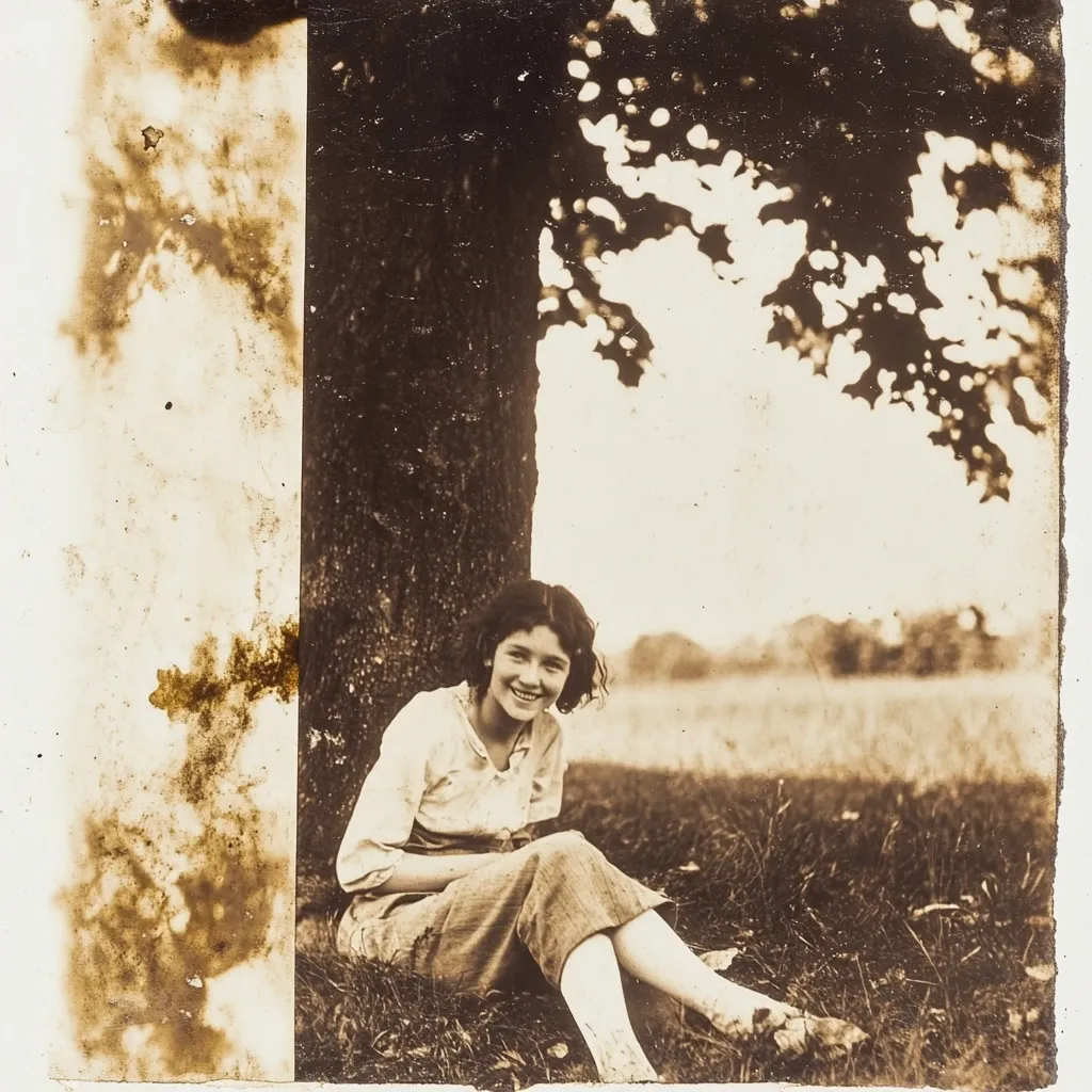 Here's a description of the image:

A sepia-toned, aged photograph shows a young woman seated on the grass, leaning against the trunk of a large tree. She is smiling warmly at the camera, her dark, curly hair framing her face.  She wears a light-colored, long-sleeved blouse and loose-fitting trousers, paired with light-colored socks and shoes. The background is blurred, suggesting a field and distant trees under a hazy sky. The photograph is noticeably damaged, with significant discoloration and staining along its left edge. The overall impression is one of a nostalgic, vintage portrait, possibly from the early to mid-20th century.