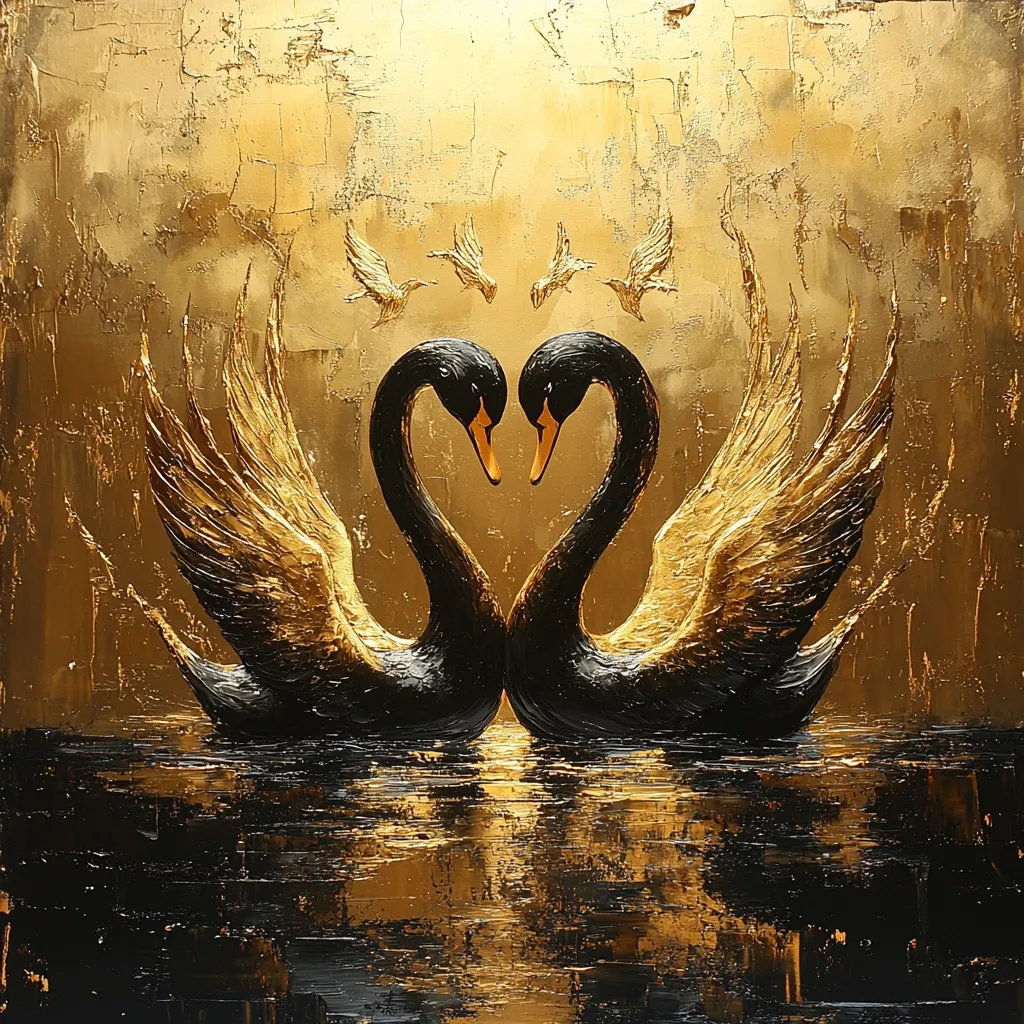 This painting depicts two black swans elegantly curved into a heart shape, their necks intertwined.  Their feathers are rendered with a textural mix of black and gold, creating a luxurious effect.  Smaller birds fly above them against a background of shimmering, textured gold, reminiscent of a sunset or gilded canvas. The overall mood is romantic and majestic, with a focus on the grace and beauty of the swans. The reflection of the swans in the dark water adds depth to the scene.