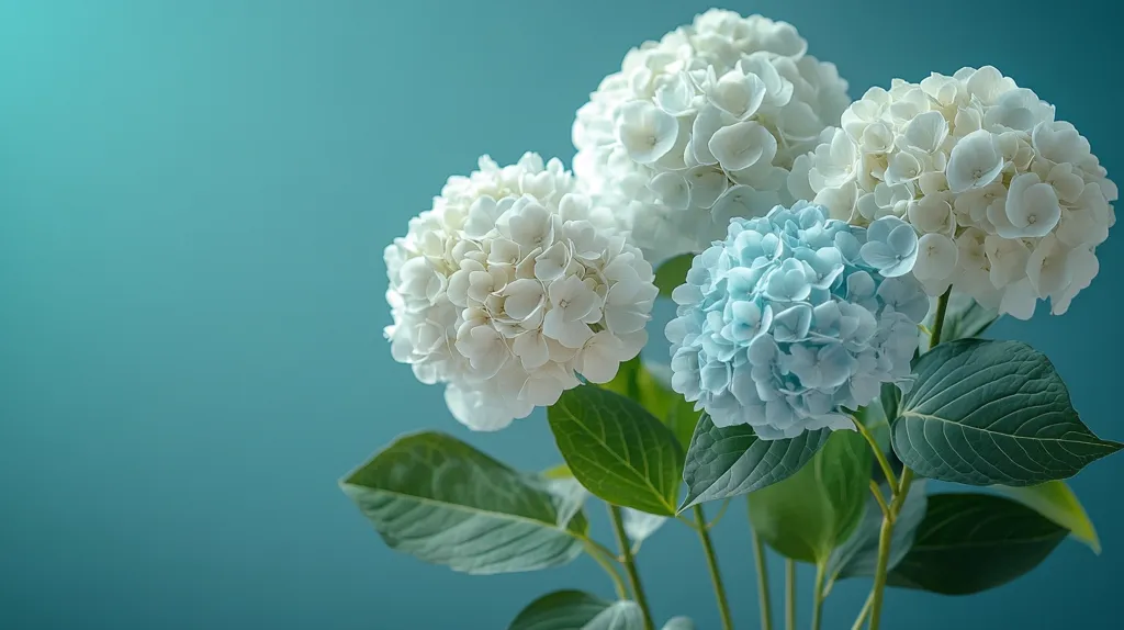Here's a description of the image:

Close-up view of a bouquet of hydrangeas against a teal background.  The hydrangeas are a mix of pale white and light blue, creating a soft, pastel color scheme.  The blooms are densely packed with small florets, giving them a full, rounded appearance. Lush green leaves surround the flowers, providing a vibrant contrast to the delicate blooms.  The overall impression is one of serenity and natural beauty. The lighting is soft and diffused, enhancing the delicate colors and textures of the flowers.