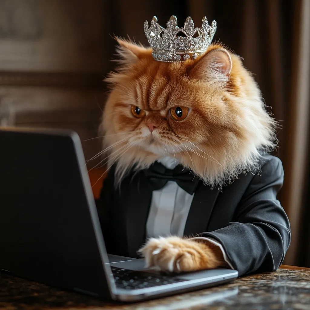 Here's a description of the image:

A fluffy ginger Persian cat, wearing a tiny tuxedo and a sparkling crown, sits intently at a laptop.  Its serious expression and focused gaze suggest it's engrossed in its work. The cat's regal attire and the sophisticated setting create a humorous contrast, implying a powerful and possibly mischievous feline executive. The dark background and soft lighting enhance the image's dramatic mood.