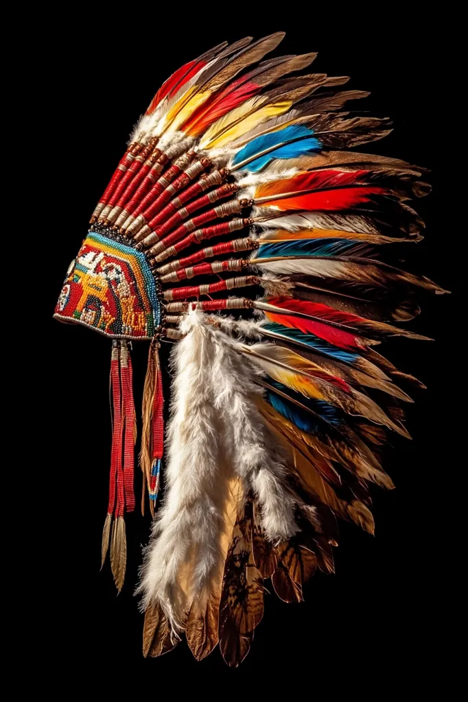 A striking profile view of a Native American headdress, set against a stark black background. The headdress is a vibrant array of feathers in red, yellow, blue, and brown, meticulously arranged.  Beadwork adorns the crown, adding intricate detail and pops of color.  Long, white feathers gracefully cascade down one side, enhancing the headdress's majestic presence. The image showcases the craftsmanship and cultural significance of the headdress.