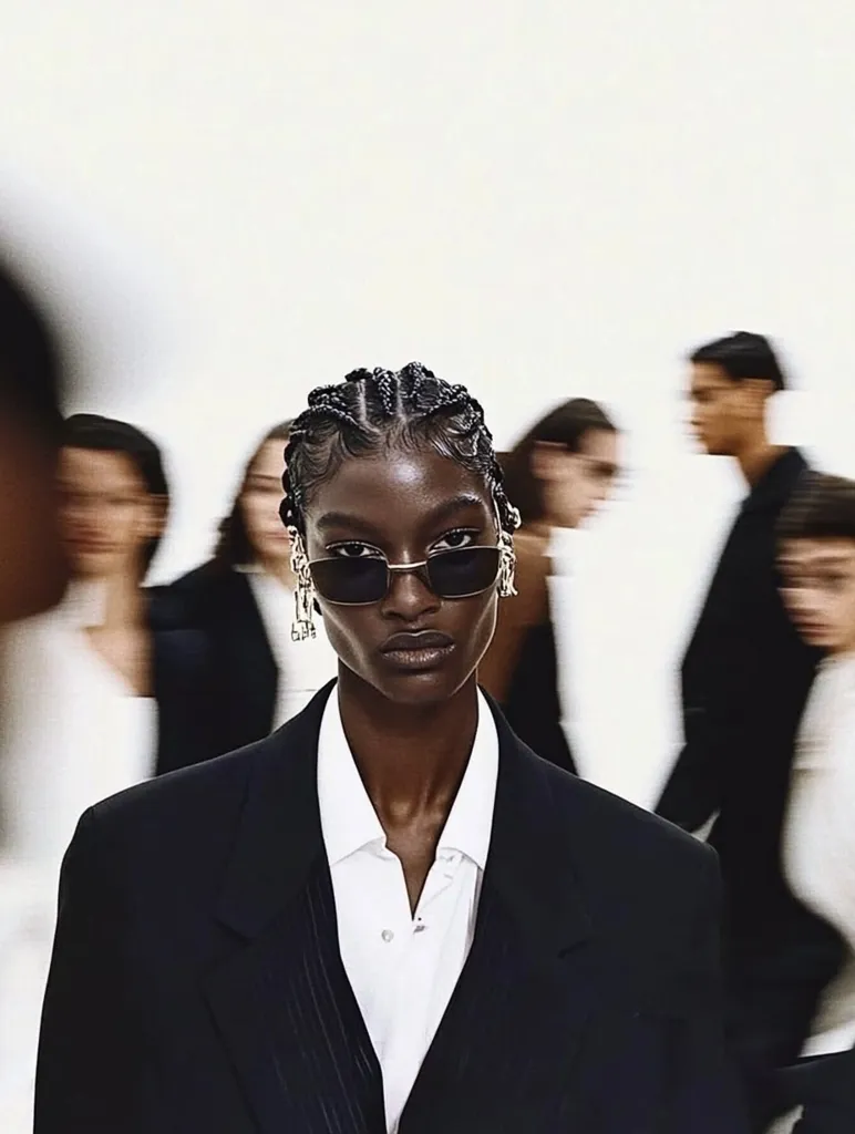 Here's a description of the image:

The photograph features a young Black woman as the central focus. She is sharply dressed in a black blazer over a crisp white collared shirt, exuding a sophisticated and confident demeanor. Her hair is styled in neat, close-cropped braids.  She wears rectangular sunglasses and delicate, dangling earrings. The background is intentionally blurred, showing indistinct figures of people in motion, creating a sense of movement and energy around her stillness.  The overall aesthetic is modern, minimalist, and stylish.