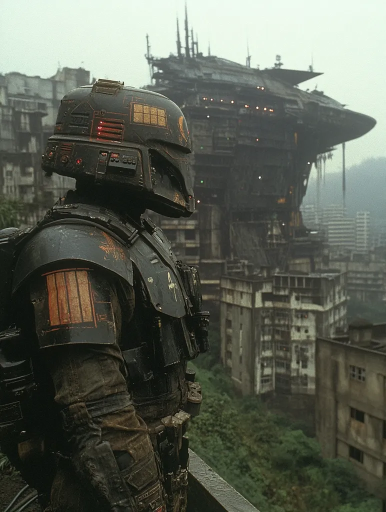 A weathered, dark-armored soldier stands on an elevated vantage point, overlooking a dilapidated cityscape.  The soldier's helmet features orange markings, and their armor appears battle-worn.  In the background, a massive, dark spaceship or station looms, partially obscured by fog and the overgrown landscape. The overall atmosphere is one of post-apocalyptic decay and tension.