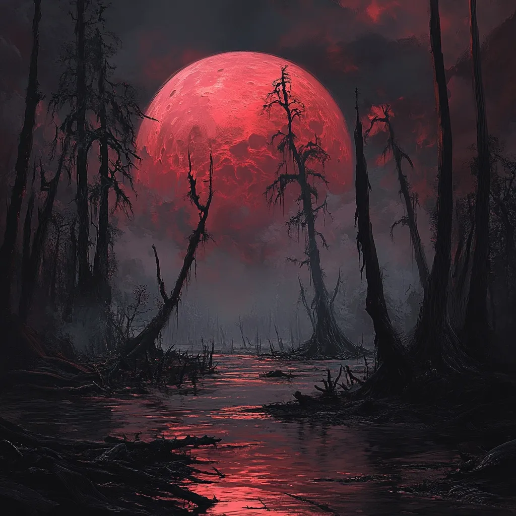 A digital painting depicts a dark, swampy landscape under a colossal, blood-red moon.  Silhouetted, skeletal trees rise from the still, crimson-tinged water, their branches reaching towards the immense celestial body.  The overall mood is eerie and otherworldly, hinting at a fantastical or supernatural setting. The color palette is dominated by deep reds and blacks, creating a dramatic and unsettling atmosphere.