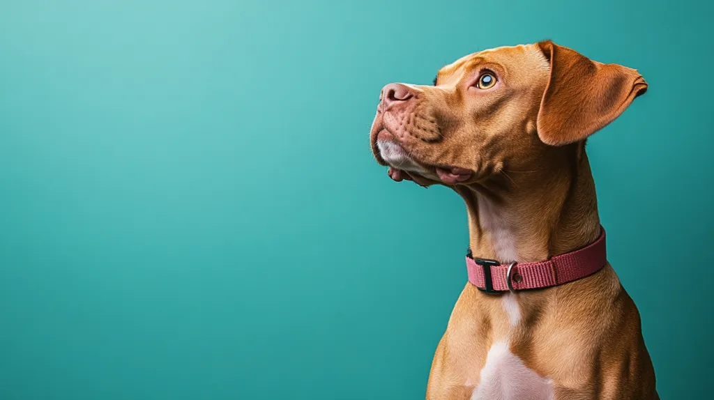 Here's a description of the image:

A light brown dog, possibly a mixed breed, is the focal point against a solid teal background.  The dog is positioned slightly off-center, its head tilted upward and to the right, suggesting a curious or attentive gaze.  It wears a pale pink collar. The dog's fur appears short and smooth. The image is well-lit, with a sharp focus on the dog, creating a clean and professional look.  The contrast between the dog's warm tones and the cool background makes the subject stand out.
