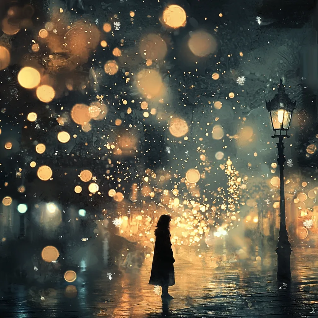 A solitary figure, cloaked in dark attire, stands on a glistening, wet street at night.  Surrounding them is a mesmerizing display of warm, golden lights, blurring into bokeh, creating a magical, almost dreamlike atmosphere.  Snowflakes gently fall, adding to the enchanting scene. A lit streetlamp stands sentinel nearby, casting a soft glow on the wet cobblestones. The overall effect is one of quiet contemplation and whimsical beauty.