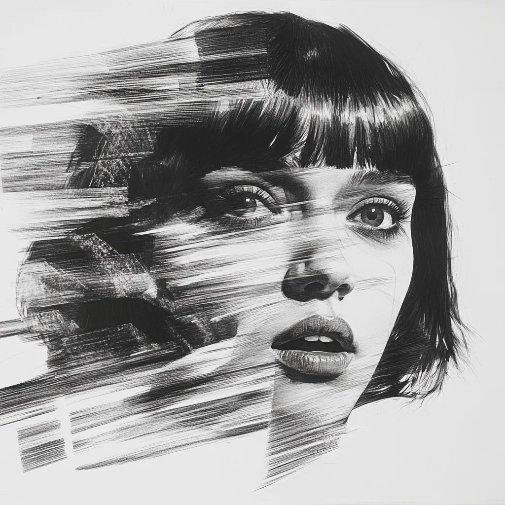 The monochromatic drawing depicts a woman's face, partially obscured by a dynamic, streaked effect suggesting motion or a fleeting moment.  Her expression is one of surprise or slight shock, her mouth slightly open.  The artist uses a technique of densely layered lines to create both the realistic rendering of the face and the abstract, blurred background. The overall effect is one of both clarity and mystery, capturing a moment that seems both present and slipping away.