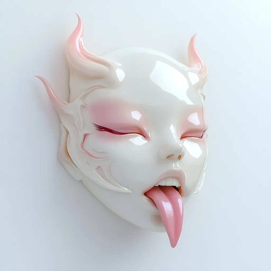 Here's a description of the image:

The image shows a close-up of a wall-mounted sculpture resembling a stylized female face.  The sculpture is predominantly off-white or pale cream, with soft pink accents on the cheeks, eyelids, and small, upward-curving horns. The face has a smooth, almost porcelain-like texture and features closed eyes and a tongue playfully sticking out. Intricate, delicate detailing is present along the sides of the face, adding to its otherworldly, almost fantastical aesthetic. The background is a simple, plain white, making the sculpture the clear focal point. The overall style is reminiscent of modern art with elements of fantasy or surrealism.