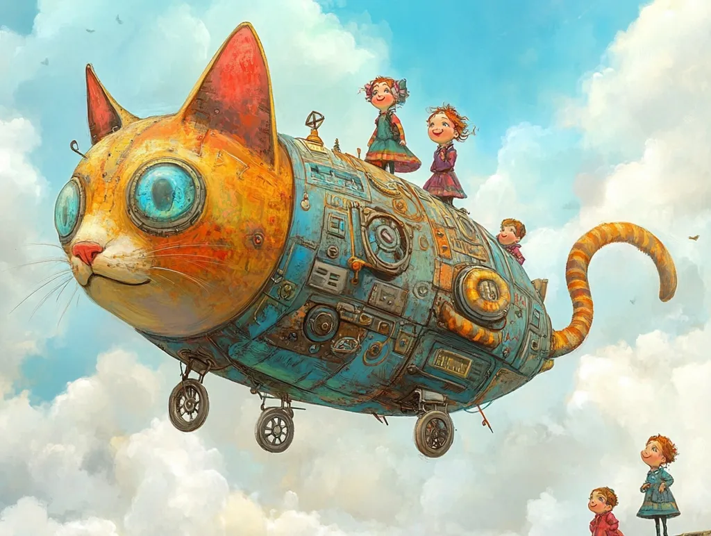 A whimsical illustration depicts a giant, steampunk-style cat airship soaring through a fluffy, blue sky.  The cat, predominantly orange and rust-colored, has large, expressive blue eyes and a mechanical body.  Several small children are perched on top, enjoying the flight.  Two more children watch from below, adding to the fantastical scene. The airship is detailed with rivets, gears, and other mechanical components, suggesting a whimsical blend of nature and technology.