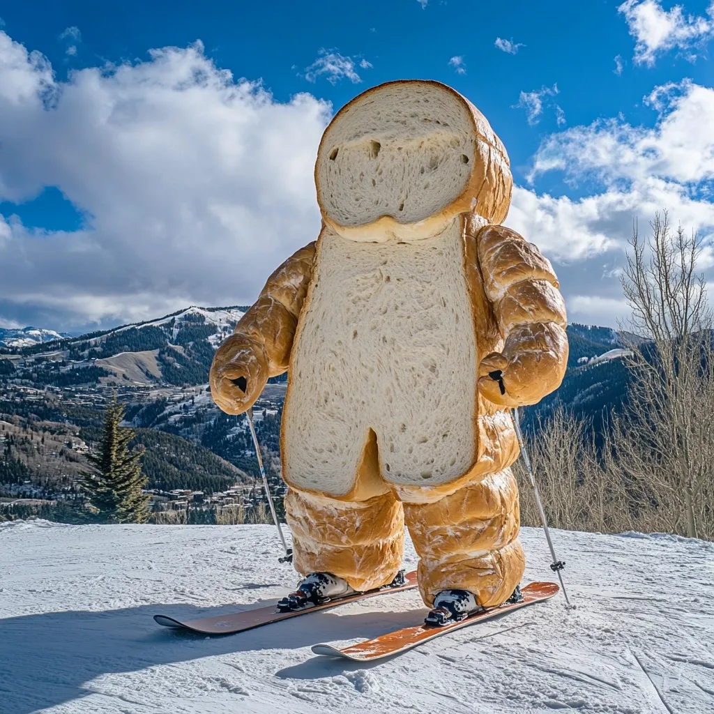 Here's a description of the image:

A whimsical, large-scale sculpture of a person in a bread-shaped ski suit stands on a snowy mountain slope.  The bread-person wears skis and ski poles, its body formed from what appears to be a giant slice of bread, complete with crust and soft interior. The background showcases a sun-drenched mountain range under a partly cloudy sky, providing a striking contrast to the unusual figure in the foreground.  The scene is brightly lit, suggesting a sunny winter day.