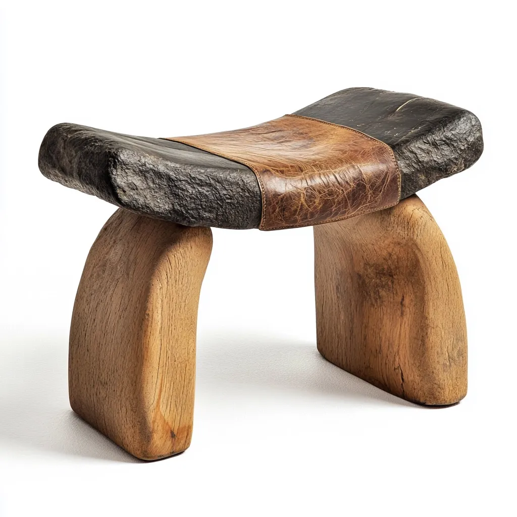 Here's a description of the image:

The photograph shows a unique stool, crafted from a blend of natural materials.  The seat is composed of dark grey stone, partially covered by a saddle of light brown, textured leather. This sits atop two organically shaped, light oak legs, which curve gently outward. The stool's design is both rustic and modern, suggesting a blend of traditional craftsmanship and contemporary aesthetics. The overall effect is one of sturdy simplicity and natural elegance, set against a stark white background that emphasizes its form.
