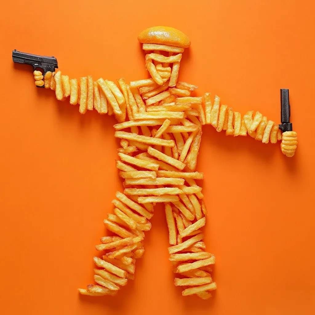 Here's a description of the image:

Against a vibrant orange background, a whimsical figure is constructed entirely from french fries. The fries are artfully arranged to form a human-like shape, complete with a head fashioned from a round piece of food, possibly a bun.  The figure holds toy guns in both hands, one in each extended arm, creating a humorous contrast between the crispy snack and the weapons. The overall composition is playful and visually striking.