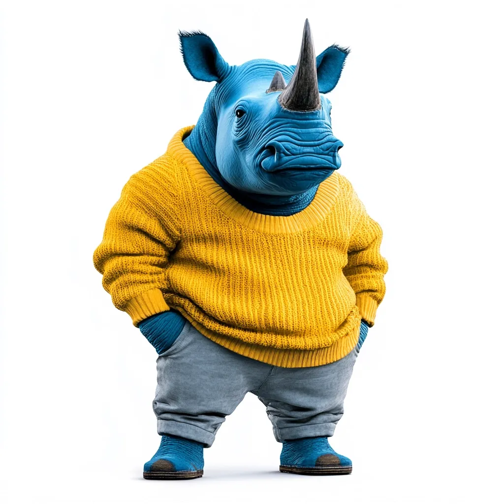 Here's a description of the image:

The image shows a stylized 3D rendering of a rhinoceros.  The rhino is a vibrant blue color and is dressed in a mustard yellow chunky knit sweater and light gray pants.  Its hands are casually tucked into its pockets. It's standing on a white background, appearing relaxed and somewhat comical in its attire. The rendering style is smooth, with a focus on texture in the clothing and a slightly cartoonish depiction of the rhino itself.