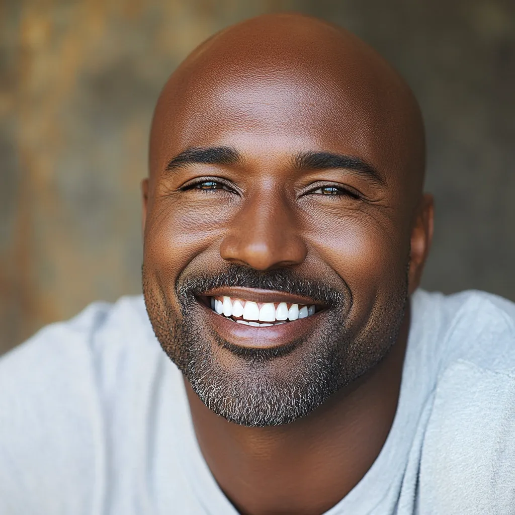 Close-up portrait of a smiling, bald Black man.  He has warm brown eyes, a broad, bright smile revealing straight white teeth, and a well-groomed goatee with some graying. He's wearing a simple, light gray crew-neck shirt. The background is blurred, focusing attention on the man's expressive face and joyful demeanor. The overall impression is one of happiness and approachability.