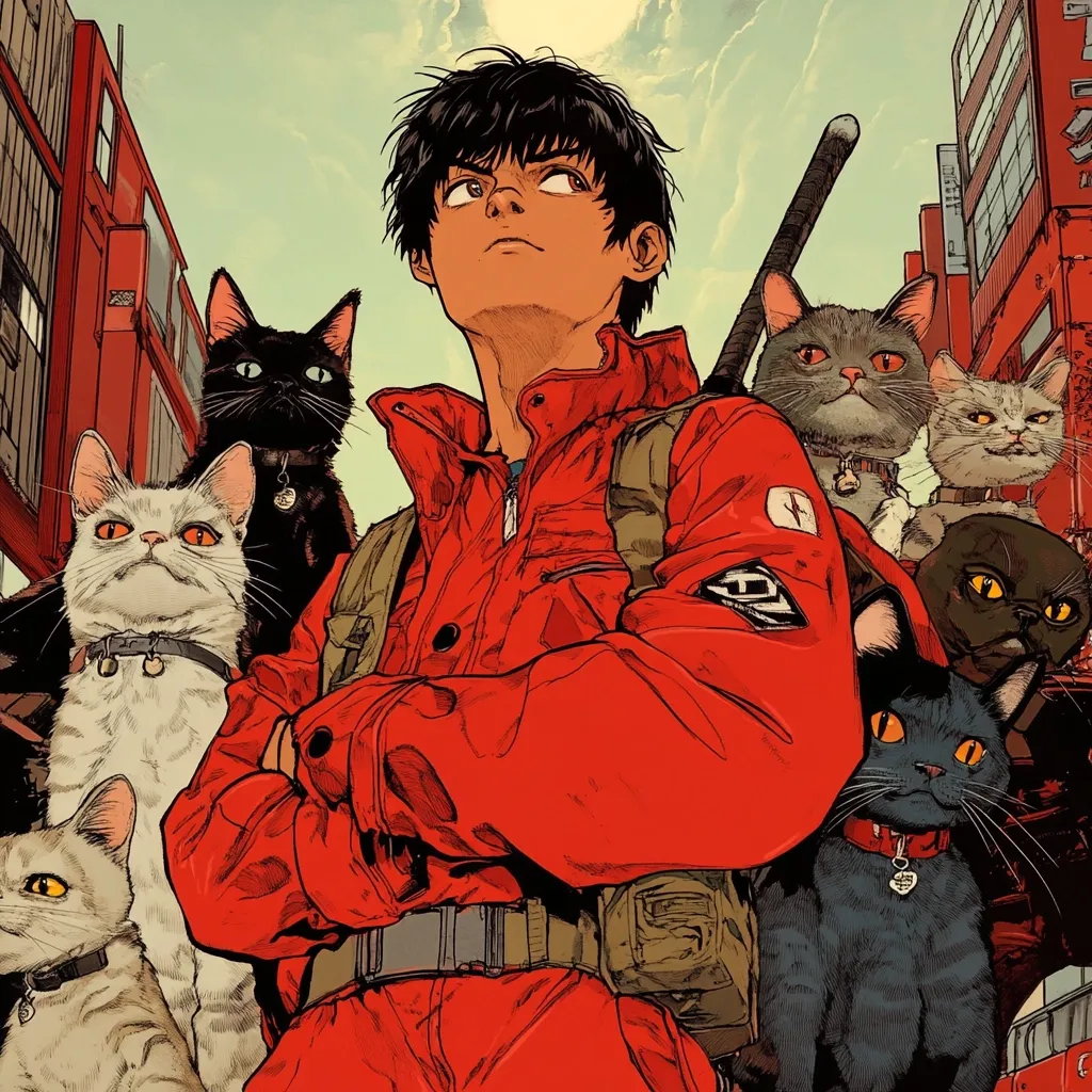 A stylized illustration depicts a young man in a vibrant red jacket, arms crossed, standing amidst a group of cats. He has dark hair and a contemplative expression. The cats, varying in color and breed, are positioned around him, some wearing collars. The backdrop suggests an urban setting, with red buildings visible. The overall style is reminiscent of graphic novels or anime, with bold lines and a slightly muted color palette.  A staff or long pole is visible behind the man's shoulder, adding to the mysterious ambiance.