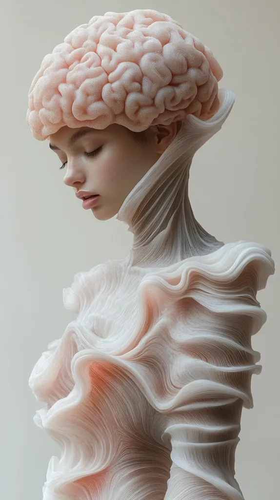 Here's a description of the image:

The image is a stylized, almost surreal, portrait of a person.  A realistic human brain, rendered in a pale pink hue, sits atop the head, seamlessly blending into a flowing, sculpted garment. The garment's texture is wave-like, with soft, undulating folds cascading down the figure's body. The subject's face is serene and slightly melancholic, eyes closed.  The overall palette is muted, consisting primarily of pale pinks and creams, giving it a soft, ethereal quality. The contrast between the realistic brain and the abstract clothing creates a striking visual effect.