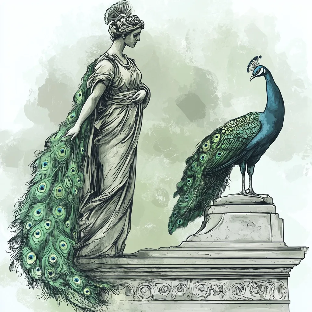 Here is a description of the image in under 100 words:

The illustration depicts a classical statue of a woman, possibly a goddess, adorned in flowing robes.  She stands gracefully, her hand resting on a magnificent peacock's tail that drapes dramatically from her shoulder. A vibrant peacock, perched on a stone pedestal beside her, completes the scene. The artistic style blends elements of classical sculpture with a watercolor-like background, creating a harmonious blend of old and new. The overall impression is one of elegance, serenity, and perhaps a mythological or allegorical narrative.