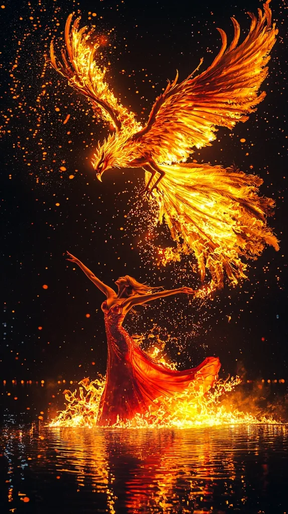 Here's a description of the image:

The image depicts a breathtaking scene of a woman in a flowing red gown, seemingly engulfed in flames, interacting with a magnificent phoenix, also composed entirely of fire.  Both figures are dramatically posed against a dark background sprinkled with fiery embers. The woman's arms are outstretched, as if embracing or interacting with the majestic bird. The overall effect is one of magical realism, conveying a sense of power, transformation, and mythical beauty.  The reflection in the still water below adds to the surreal and captivating ambiance.