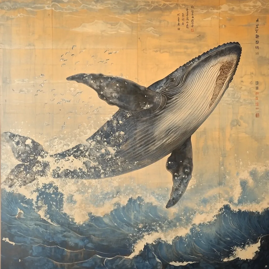 This artwork depicts a humpback whale breaching the ocean's surface.  Rendered in a style reminiscent of traditional Japanese painting, the whale is detailed and realistic, contrasting with the more impressionistic waves and sky.  A flock of birds is scattered above, adding to the dynamic energy of the scene. The color palette is muted, primarily using earthy tones with hints of blue and white to suggest the water's movement and the whale's form.  The piece showcases a masterful blend of realism and artistic expression.  Calligraphy is present in the upper right corner, possibly adding context or meaning to the piece.