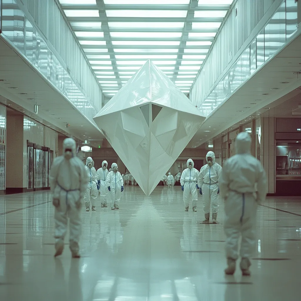 Here's a description of the image:

The image depicts a large, geometric, white diamond-shaped object suspended in the high-ceilinged, modern interior of a shopping mall or similar large building.  Several figures in full white hazmat suits and respirators walk towards the object. The figures and the structure are sharply contrasted against the sleek, minimalist architecture. The overall atmosphere is sterile, mysterious, and slightly unsettling.  The reflective floor enhances the sense of spaciousness and isolation.