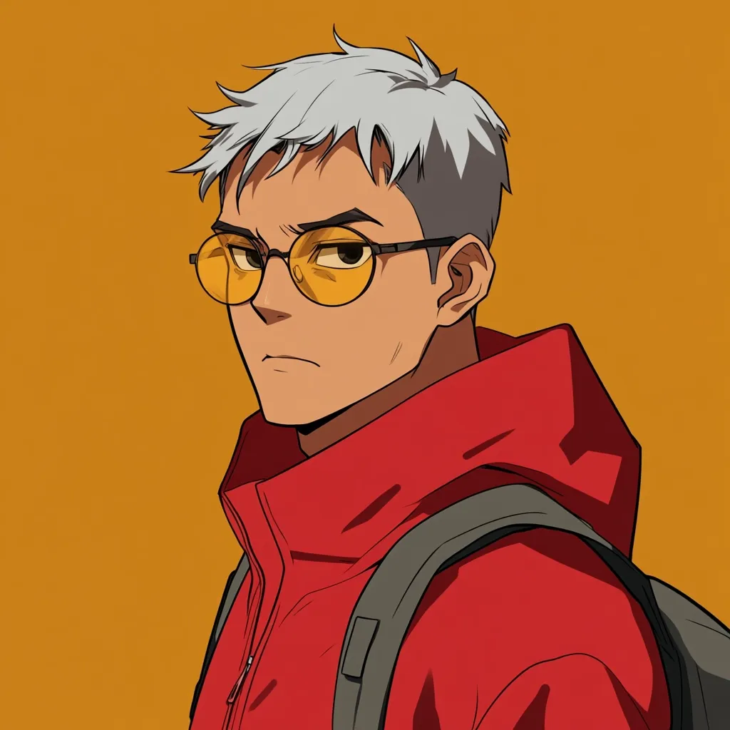 Here's a description of the image:

The illustration showcases a young man with short, gray hair styled upwards, wearing round, amber-tinted glasses. His expression is serious, almost stern. He's dressed in a vibrant red hooded jacket, a dark gray backpack partially visible on his shoulders.  The background is a solid, warm mustard yellow, which contrasts sharply with his clothing and creates a striking visual impact. The art style is reminiscent of modern anime or graphic novel illustration, with bold lines and well-defined shading. The overall mood is one of quiet intensity and cool confidence.