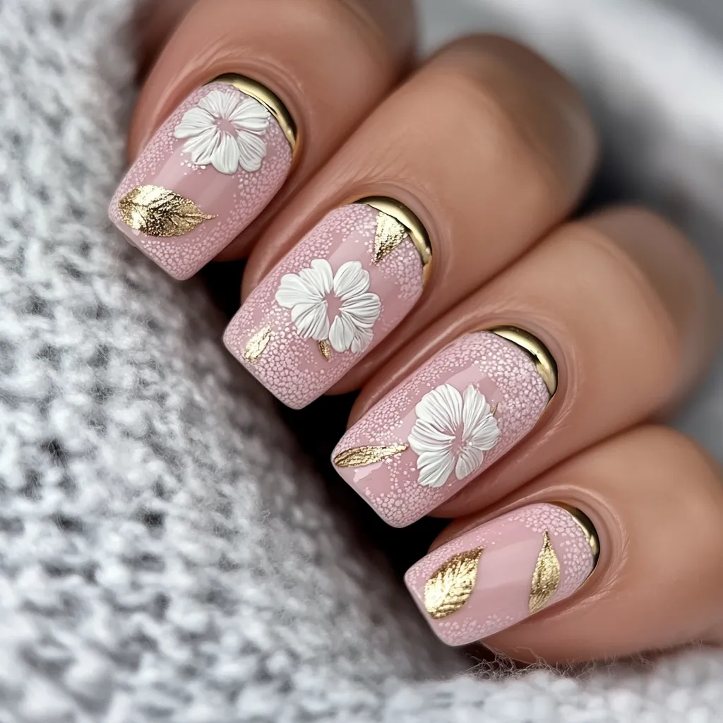 Close-up view of a hand showcasing a delicate manicure.  Each nail is painted a soft pink with a textured finish.  Three nails feature a raised, white floral design, while the other two display gold leaf accents.  A thin gold accent line borders the top edge of each nail. The hand rests on a gray knitted fabric. The overall aesthetic is elegant and feminine.
