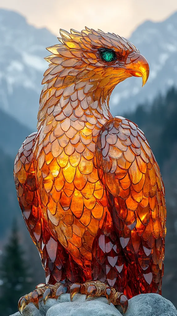 A magnificent amber eagle statue is perched on a rock, its translucent body glowing warmly against a mountain backdrop.  The intricate detailing of the feathers, meticulously crafted from amber pieces, is breathtaking.  Bright green eyes add a striking contrast to the amber plumage. The scene evokes a sense of majesty and the timeless beauty of nature captured in art. The overall effect is one of awe-inspiring craftsmanship.