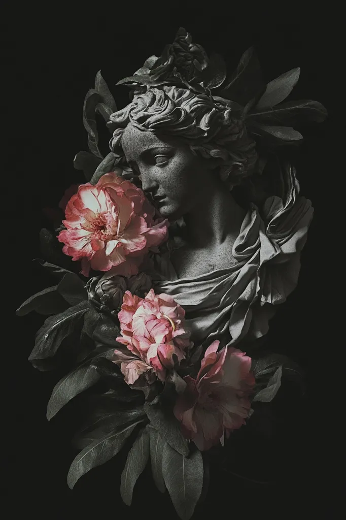 A grayscale bust of a classical female statue is adorned with lush, dark pink peonies and deep green foliage. The statue's face is partially obscured by the blooms, creating a melancholic and ethereal mood. The dark background emphasizes the contrast between the light pink flowers and the cool tones of the stone. The image has a romantic and slightly mysterious quality, suggesting a connection between beauty and mortality.