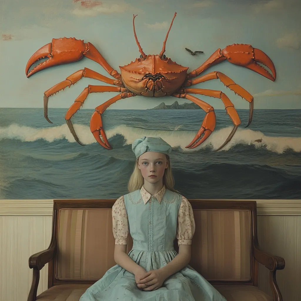 A young girl with blonde hair, wearing a light blue dress and matching hat, sits serenely on a vintage couch.  Behind her, a large painting dominates the wall, depicting a massive, vibrant orange crab poised above a crashing ocean wave. The overall style is surreal and slightly unsettling, juxtaposing the innocent child with the imposing crustacean. The muted color palette and meticulous detail contribute to the image's dreamlike atmosphere.