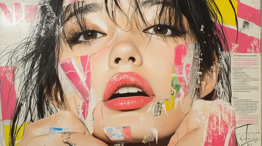 Close-up of a hyperrealistic painting depicting a young woman's face.  Her dark hair frames her features, which are strikingly detailed.  Parts of her face are overlaid with textured, collaged elements resembling torn posters or paint, creating a sense of layering and fragmentation.  Her expression is intense, her lips painted a vibrant coral. The overall effect is a blend of beauty and urban decay, highlighting the contrast between delicate features and a rough, fragmented background.  A signature and text are visible in the lower right corner.