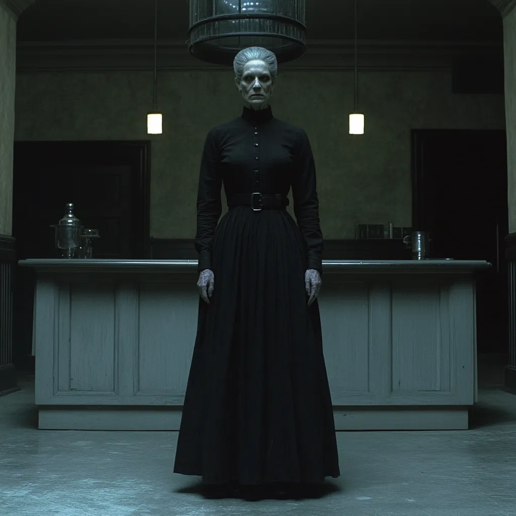 A pale, elderly woman in a long, black Victorian-style dress stands in a dimly lit, antique room.  The setting appears institutional, possibly a hospital or asylum, with muted grey walls and a long counter behind her.  The woman's expressionless face and stark attire create a chilling and unsettling atmosphere.  A cage-like light fixture hangs above. The overall mood is dark, mysterious, and suggestive of a gothic horror scene.
