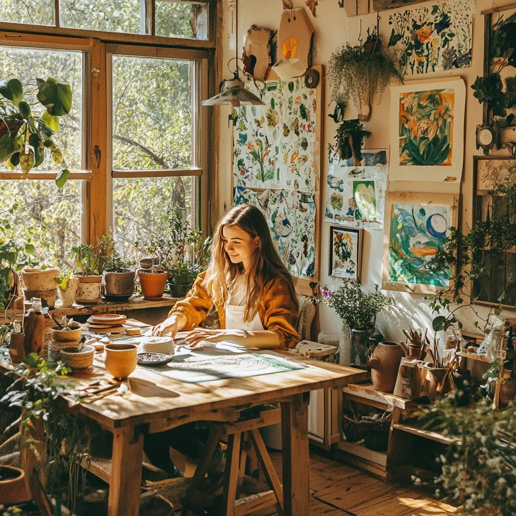 Sunlight streams into a rustic studio, illuminating a young woman engrossed in her artwork.  She sits at a wooden table surrounded by pottery, plants, and vibrant paintings adorning the walls. The room is filled with a bohemian charm, showcasing a collection of artwork and potted greenery, creating a cozy and inspiring atmosphere. The scene suggests a creative space where art and nature intertwine.