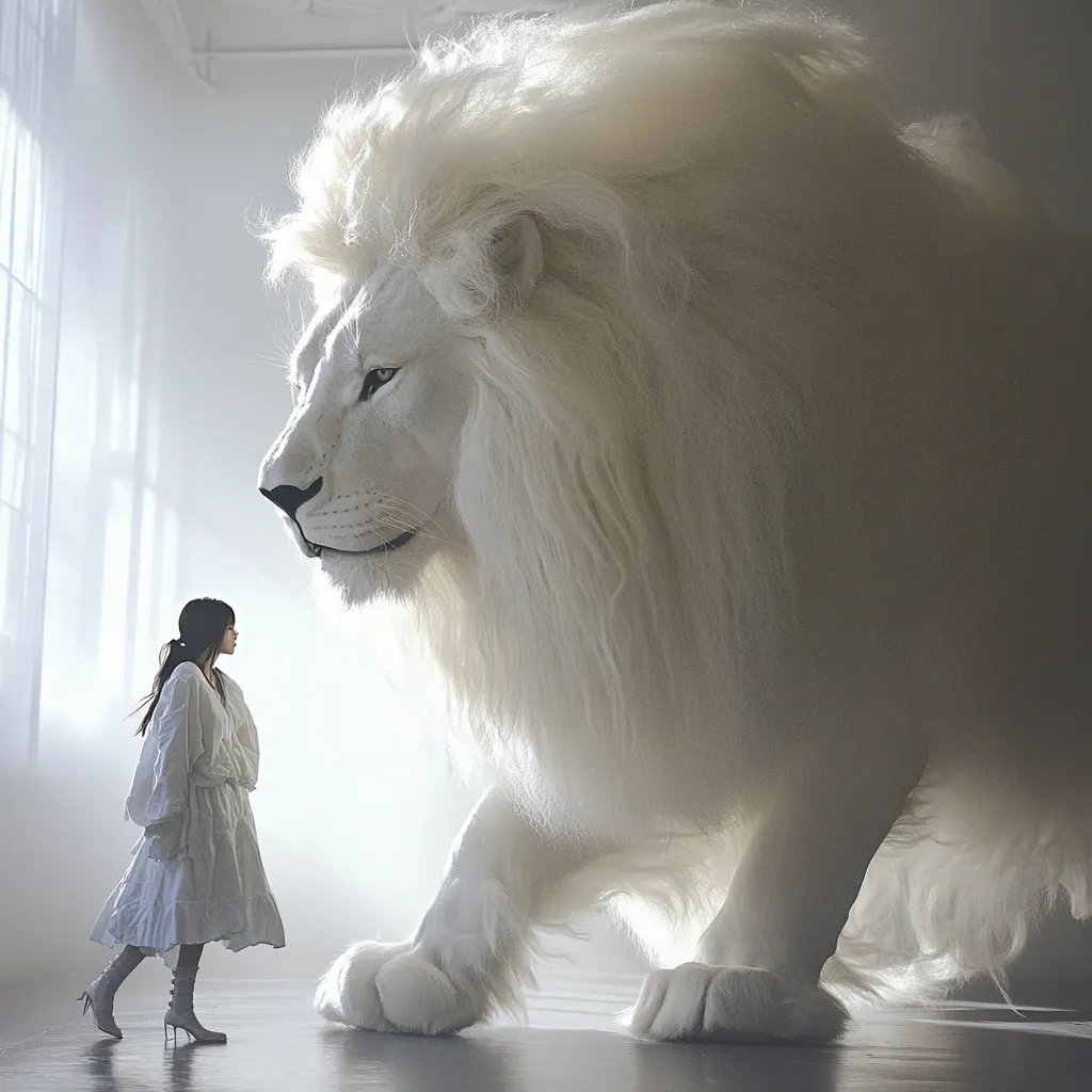 A young woman in a flowing white dress stands facing a colossal, majestic white lion in a bright, minimalist space.  The lion, incredibly large and fluffy, dominates the scene. The contrast between the small figure of the woman and the immense size of the lion creates a dramatic and surreal atmosphere.  The overall tone is peaceful, despite the inherent power imbalance depicted.  Soft lighting enhances the ethereal quality of the image.