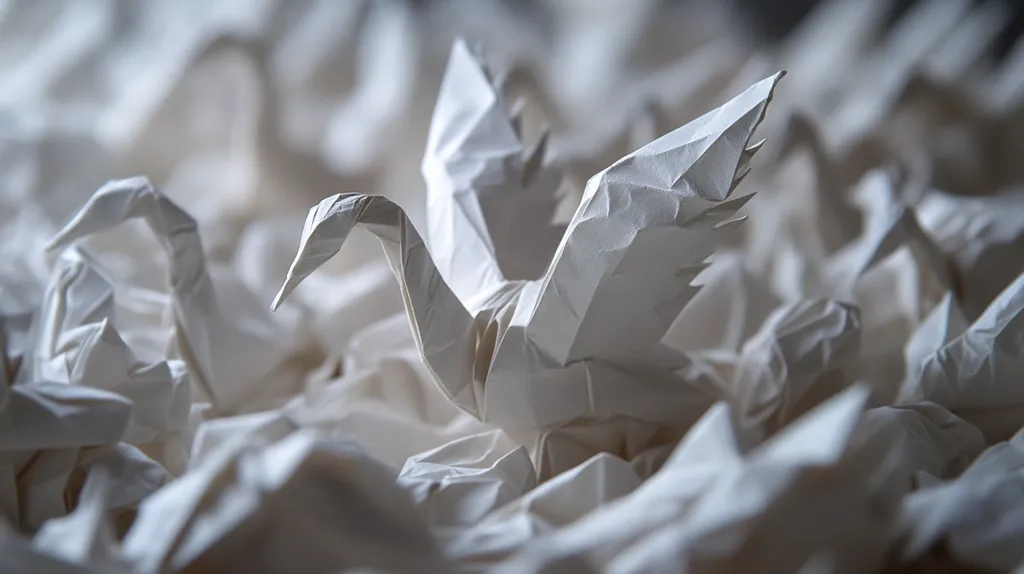 The image shows a meticulously crafted origami swan, standing out amidst a sea of crumpled white paper.  The swan is sharply defined, its folds crisp, contrasting with the soft, undefined shapes of the surrounding paper. The overall effect is one of delicate beauty and a sense of quiet solitude, the single perfect swan amidst a multitude of imperfect forms.  The monochrome palette enhances the feeling of serenity and understated elegance.
