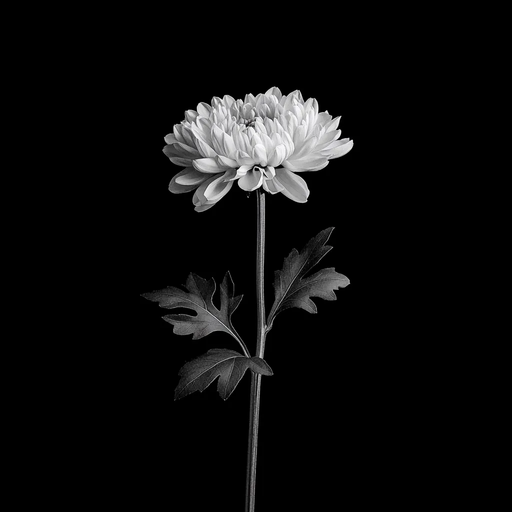 Here is a description of the image:

The photograph is a striking monochrome close-up of a single chrysanthemum bloom.  The flower, presented in stark black and white, is delicately detailed, showcasing its numerous petals and the texture of its leaves. The stem is slender and upright, extending from a simple leaf structure. The dark background provides a dramatic contrast, emphasizing the flower's elegant form and drawing the viewer's focus entirely to the subject. The image evokes a sense of simplicity and timeless beauty.