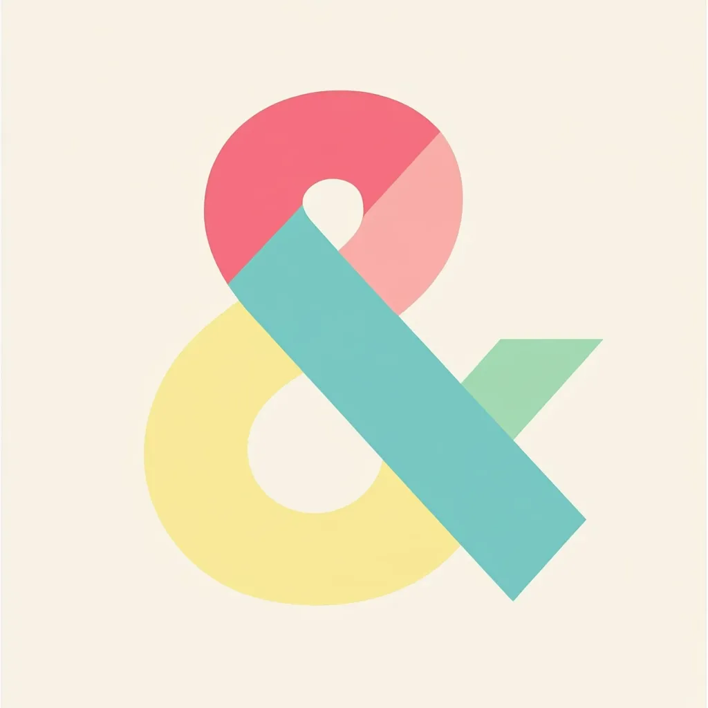 The image displays a stylized ampersand (&) symbol, constructed from overlapping geometric shapes.  Pastel colors are used; a pale yellow forms the base, overlaid with sections of light teal, coral pink, and a small touch of pale green. The design is minimalist and modern, with clean lines and a flat, two-dimensional aesthetic. The ampersand's curves are softened and segmented, creating a unique and visually appealing representation of the symbol.