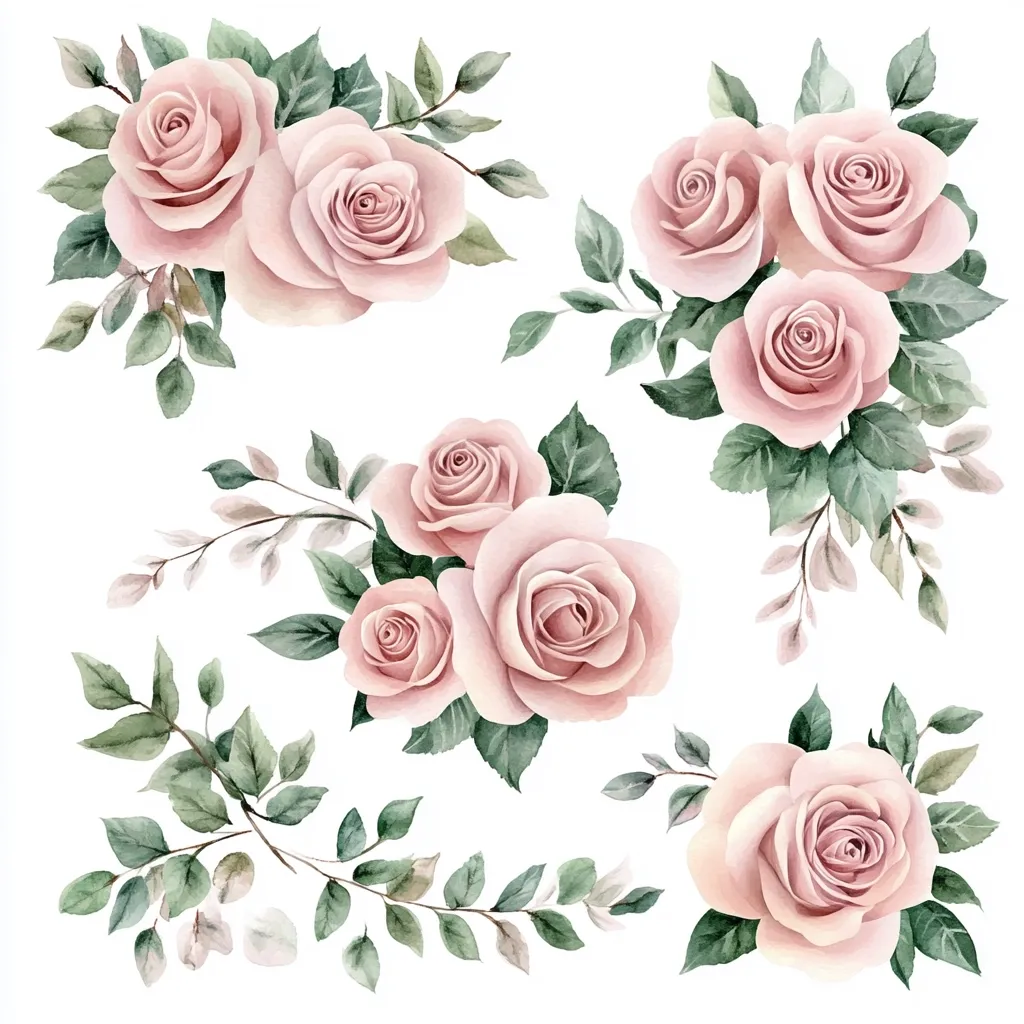 Here's a description of the image:

The image showcases several watercolor paintings of blush-pink roses and greenery, arranged in distinct floral bouquets and sprigs.  Each arrangement features varying numbers of roses, from single blooms to clusters of three or more, delicately rendered with soft shading and subtle color variations.  The accompanying foliage is a muted green, providing a natural contrast against the soft pink of the roses. The overall style is romantic and elegant, suggesting a vintage or botanical illustration aesthetic. The arrangements are presented against a clean white background, highlighting the floral details.