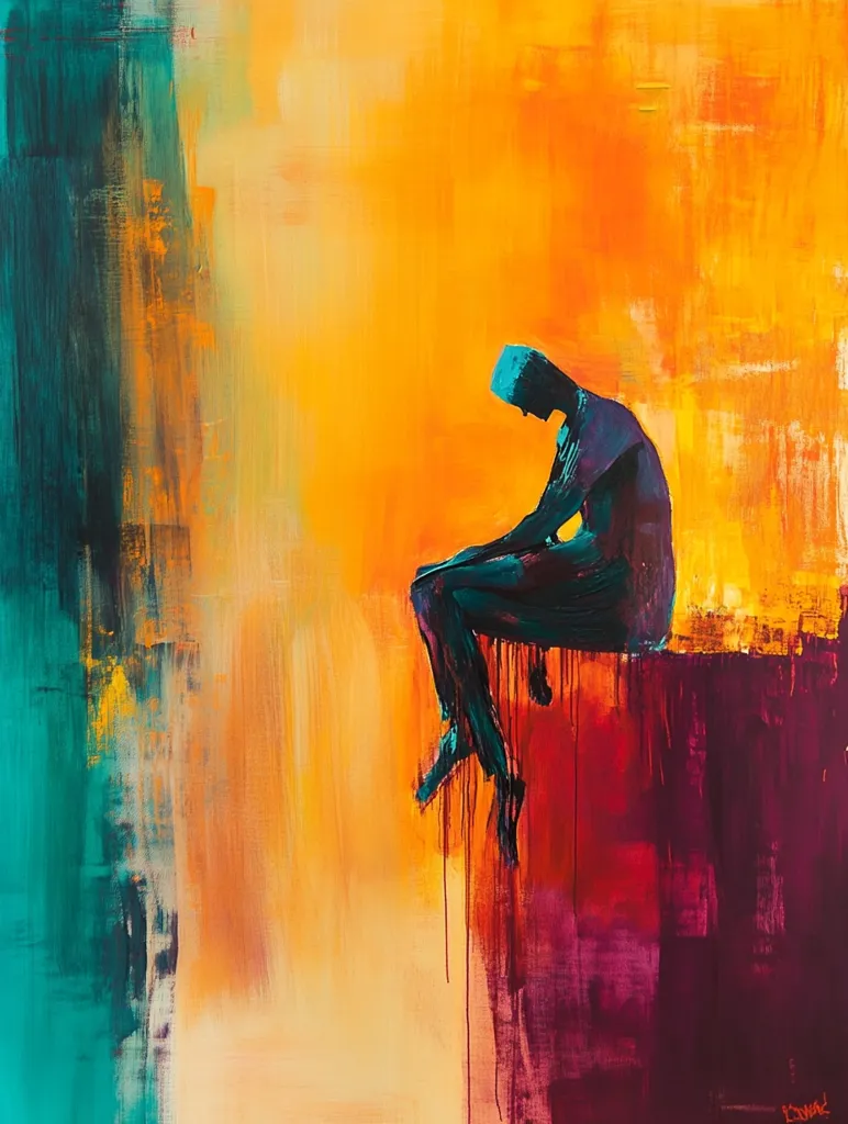 Here's a description of the image:

The painting is an abstract expression of a solitary figure seated on a ledge, head bowed. The figure, rendered in dark teal and purple hues, is depicted in a simplified, almost sculptural form.  The background is a vibrant contrast of warm oranges and yellows on the right, transitioning to a cooler teal on the left.  The colors are applied with visible brushstrokes, creating a textured and expressive surface. The overall mood is one of contemplation or sadness, emphasized by the figure's posture and the emotional weight of the color palette.  Drips of paint enhance the dynamic quality and add to the emotional intensity.