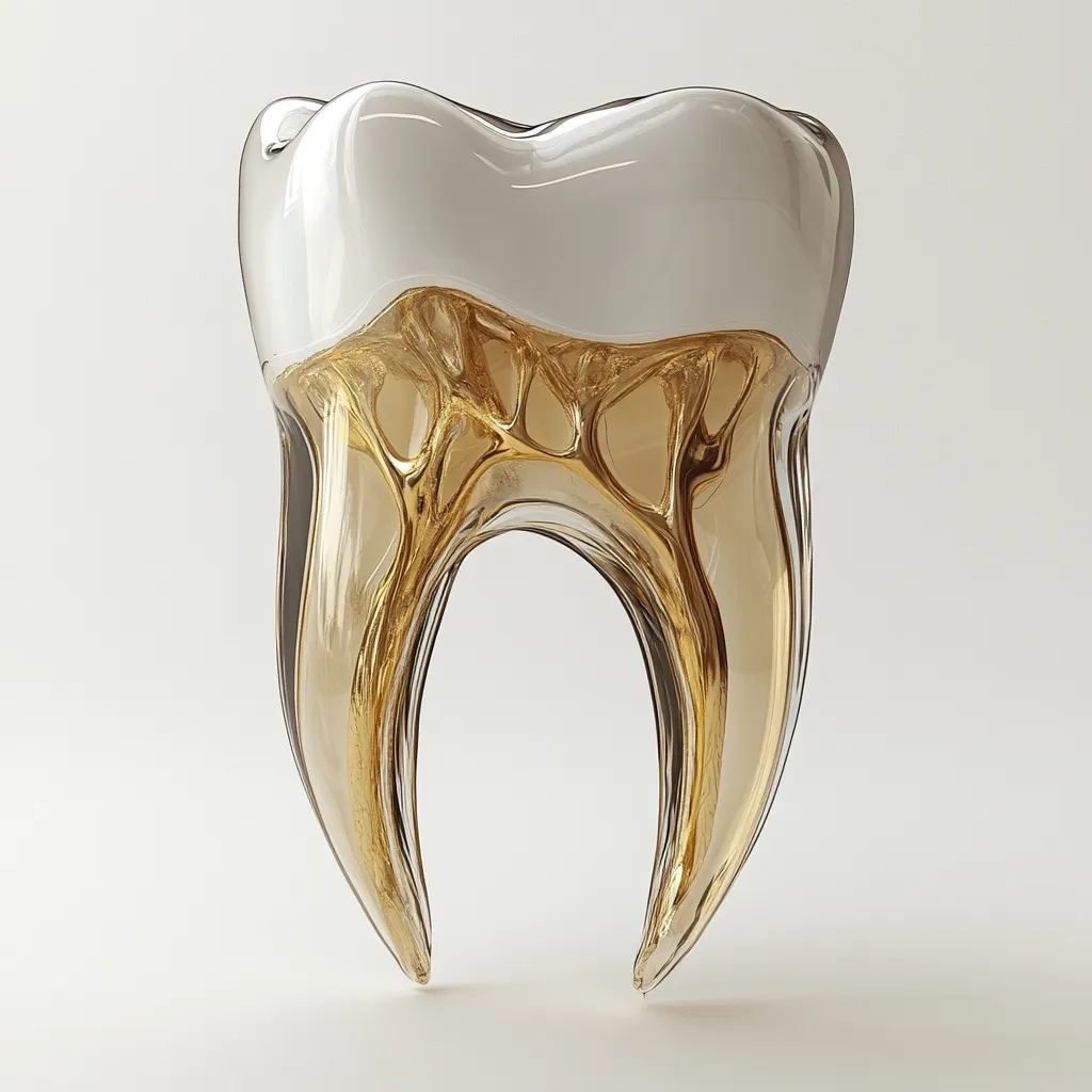 Here's a description of the image:

The image showcases a three-dimensional rendering of a tooth.  The tooth's crown is a smooth, off-white, seemingly enamel-like material.  Beneath this, the inner structure of the tooth is depicted in a translucent amber or gold color, revealing intricate, branching structures reminiscent of dentin and pulp. The overall appearance is sleek and artistic, suggesting a focus on dental health or artistic representation of anatomy. The tooth is presented against a plain, light-grey background.