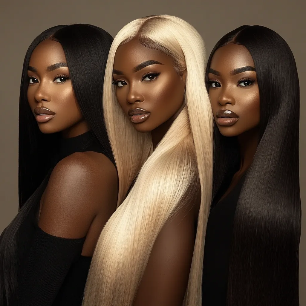 Here's a description of the image:

The photograph features three Black women with striking, long, straight hair.  One woman has platinum blonde hair, while the other two have long, jet-black hair.  All three women have similar makeup, emphasizing their high cheekbones and dark eyes. They are posed closely together, shoulders touching, showcasing their hair's length and smoothness.  The background is a muted brown, drawing focus solely to the subjects. The overall aesthetic is one of elegance and beauty.