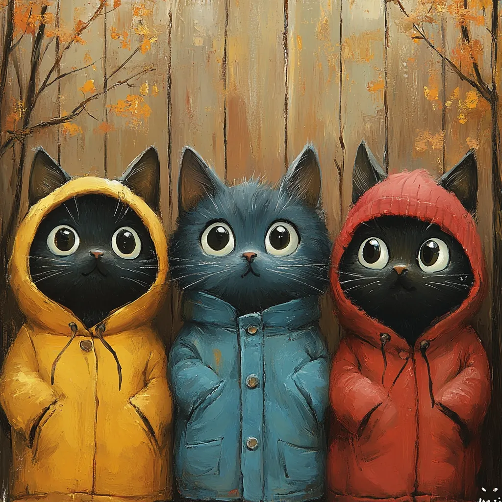 Three adorable black kittens stand side-by-side against a rustic wooden backdrop, adorned with autumnal leaves. Each kitten is dressed in a brightly colored hooded jacket; yellow, blue, and red.  Their large, expressive eyes and charming poses create a heartwarming and whimsical autumnal scene, painted in a style that blends realism with cartoonish features. The overall mood is cheerful and playful.