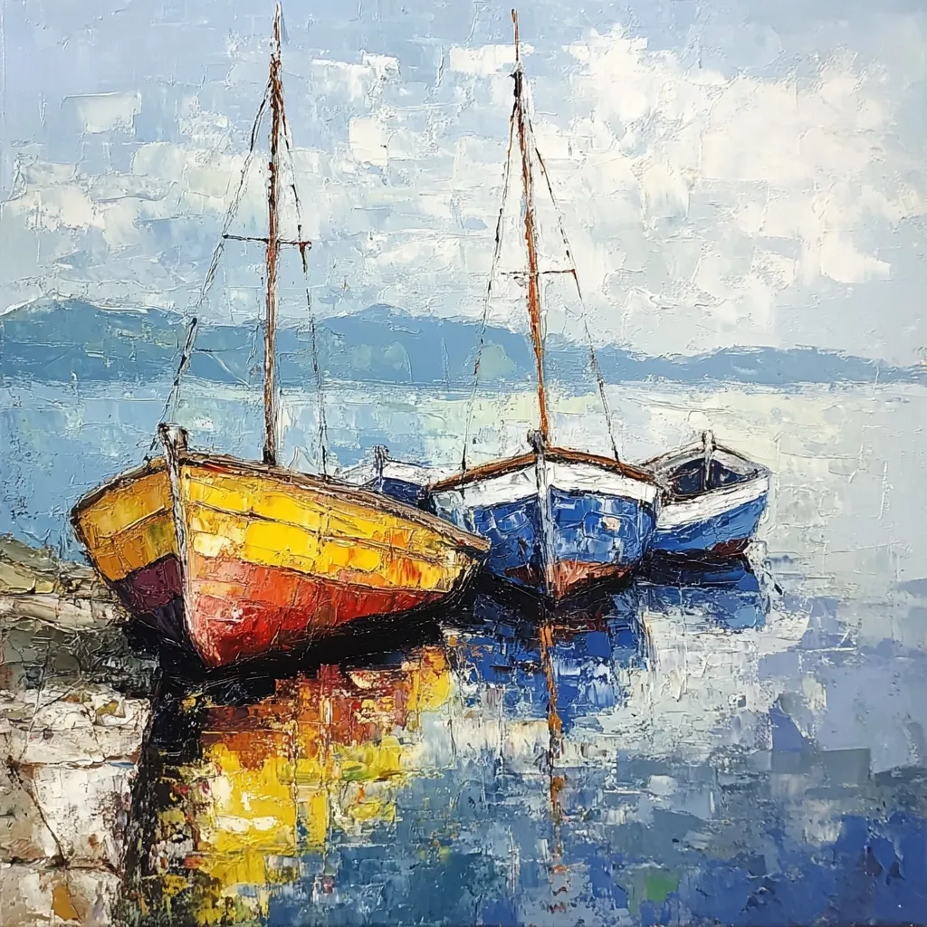 Here's a description of the image:

The painting depicts three small sailboats moored along a shoreline.  One boat, predominantly yellow and red, is prominent in the foreground.  Two smaller blue and white boats are positioned behind it.  The boats are depicted with a textured, impasto style, giving them a three-dimensional feel. The background features a calm body of water reflecting the boats and a hazy, bluish mountain range under a pale sky with scattered clouds. The overall mood is serene and peaceful, evocative of a quiet seaside scene. The artist uses a palette knife to create a thick application of paint, highlighting the texture and creating a sense of movement in the water.