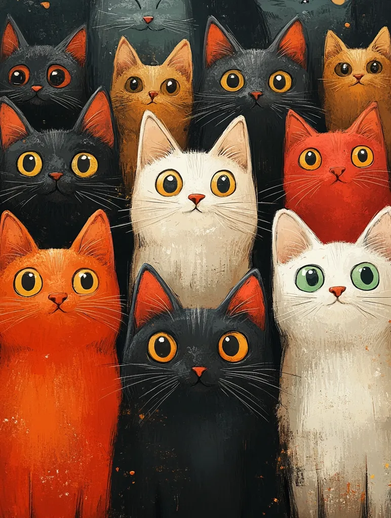 A captivating illustration features a multitude of cats, each possessing unique colorations and expressions.  The cats are arranged in a close-knit group, their large, expressive eyes drawing the viewer's attention. The color palette is rich and varied, with a combination of black, orange, and white cats standing out against a dark background. The style is painterly, with visible brushstrokes adding texture and depth to the image. The overall feeling is one of charming curiosity and playful intensity.