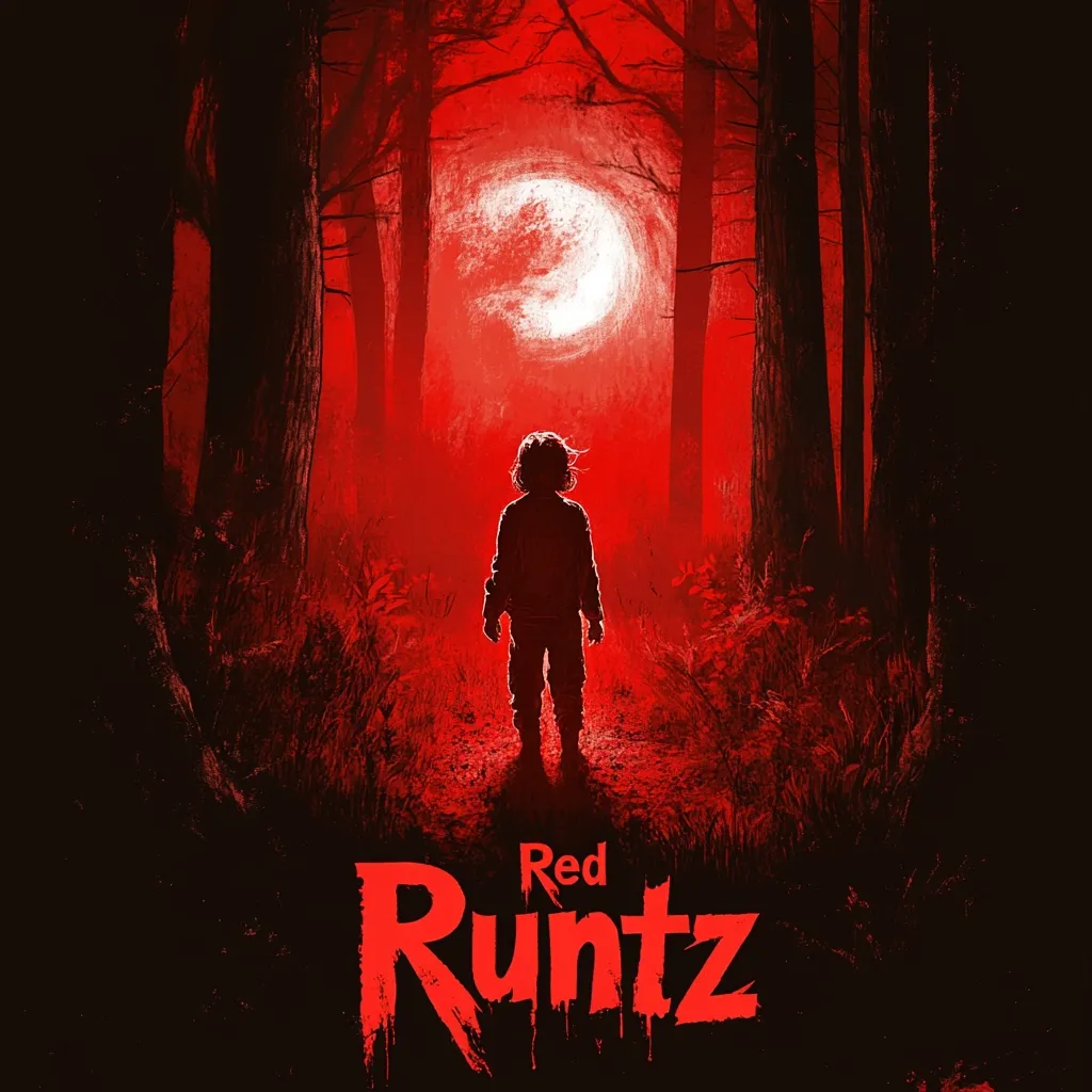 Here's a description of the image:

The artwork is a stylized poster for something titled "Red Runtz," possibly a film or game.  It features a silhouetted child standing alone on a path in a dark, red-hued forest.  A large, pale moon hangs in the crimson sky behind them. The overall mood is ominous and slightly sinister, evoking feelings of suspense and isolation. The red color palette is dominant, enhancing the eerie atmosphere. The title "Red Runtz" is prominently displayed at the bottom, with a font style that fits the suspenseful tone.