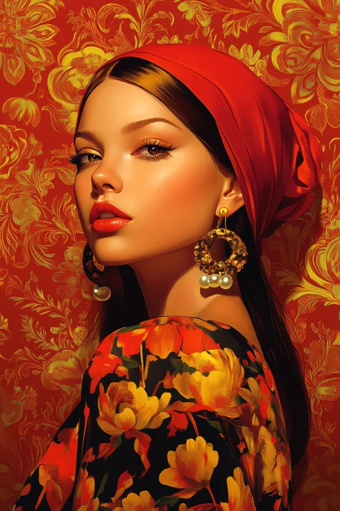 A stylized portrait of a woman with dark hair wearing a vibrant red headscarf and a black dress adorned with large orange and yellow floral patterns.  Her makeup is dramatic, emphasizing her eyes and lips.  She wears large, ornate gold and pearl earrings. The backdrop is a rich, red and gold damask pattern, complementing the warm tones of her clothing and accessories. The overall style is reminiscent of classical portraiture with a modern, digitally-enhanced finish.