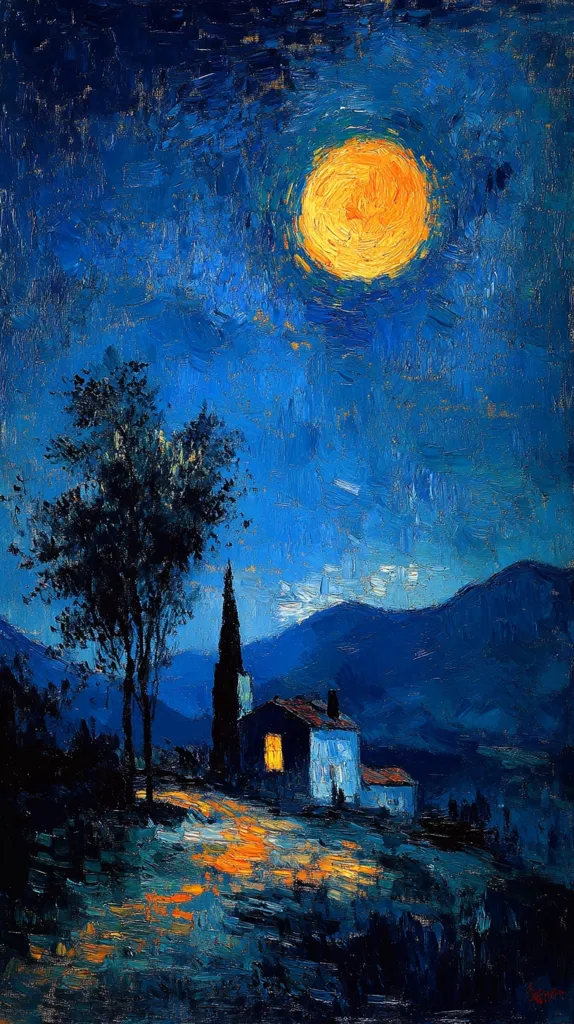 The painting depicts a nocturnal landscape dominated by a large, vibrant orange moon in a deep blue sky.  A small, white house with a single illuminated window sits on a hill, beside a slender dark tree.  The impasto technique creates a textured, almost impressionistic effect.  Dark silhouettes of hills and trees form a backdrop, adding depth to the scene. The overall mood is serene and slightly melancholic, emphasizing the quiet solitude of the night.  The use of light and dark contrasts is particularly striking.