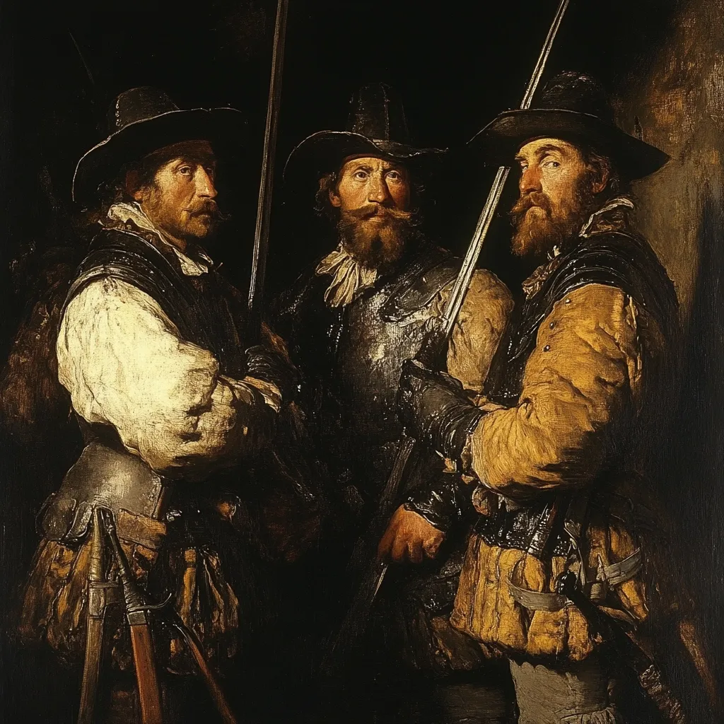 The painting depicts three men, likely soldiers, standing shoulder-to-shoulder in a dimly lit setting.  They wear 17th-century attire, including wide-brimmed hats, corselets, and  layered clothing in dark browns and golds.  Their expressions are serious and somewhat somber.  Each man holds or is near a long, slender weapon, suggesting a military or guard context. The chiaroscuro style emphasizes the contrast between light and shadow, adding depth and drama to the composition. The overall mood is one of stoicism and possible anticipation.