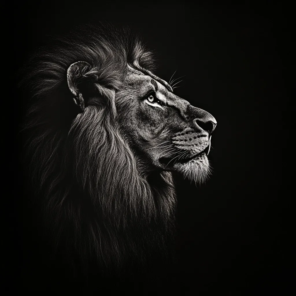 Here's a description of the image:

The image is a striking black and white close-up portrait of a male lion's profile.  His majestic mane, rendered in varying shades of gray, dominates the frame, flowing from his head down to his chest.  His gaze is directed upward and to the right, conveying a sense of alertness and perhaps contemplation. The dark background provides strong contrast, highlighting the intricate details of his fur and features. The overall effect is one of power, regality, and a quiet intensity.
