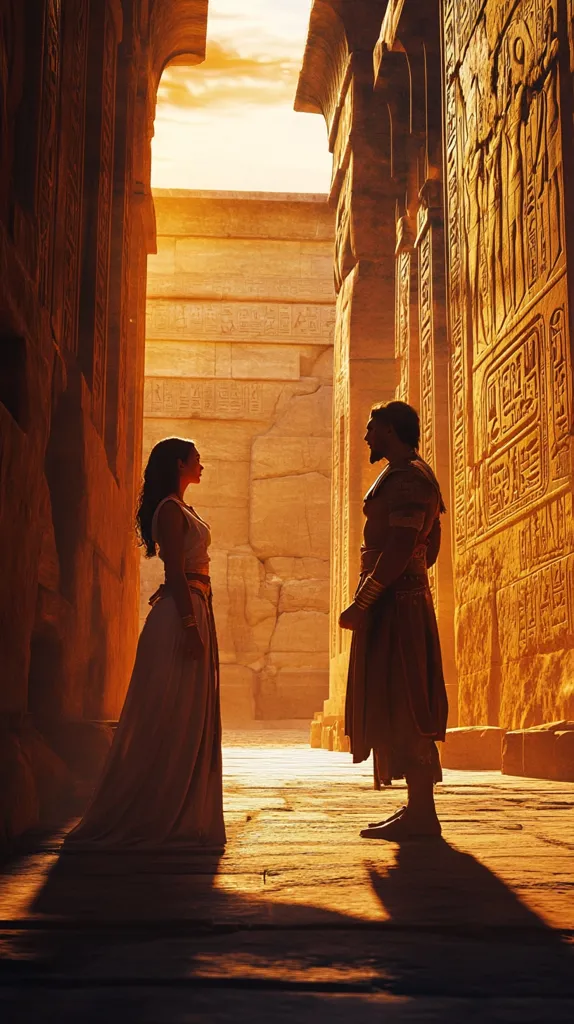 Bathed in the warm glow of a setting sun, a man and woman stand facing each other in a sun-drenched corridor of an ancient Egyptian temple.  Intricate hieroglyphs adorn the sandstone walls, casting long shadows. The woman, in a flowing white gown, and the man, in a dark robe, appear to be engaged in a silent, intense conversation, their silhouettes stark against the golden light. The scene evokes a sense of mystery and ancient romance within the grand, weathered architecture.