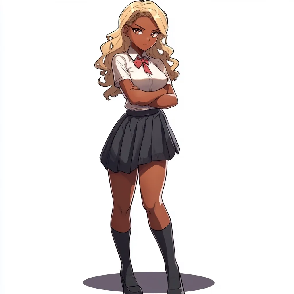 The image shows an anime-style illustration of a young woman with dark brown skin and long, blonde, wavy hair.  She's wearing a classic schoolgirl uniform: a white short-sleeved shirt with a red bow tie, a dark gray pleated skirt, black knee-high socks, and black shoes. Her arms are crossed, and she has a serious expression. The style is clean and sharp, with a focus on character design. The background is plain white, drawing attention to the figure.
